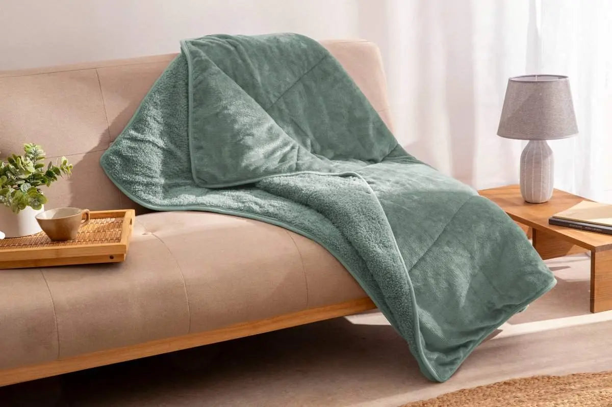 PLAID SHERPA LISO AGUA MARINA 130X160 KARAMELO