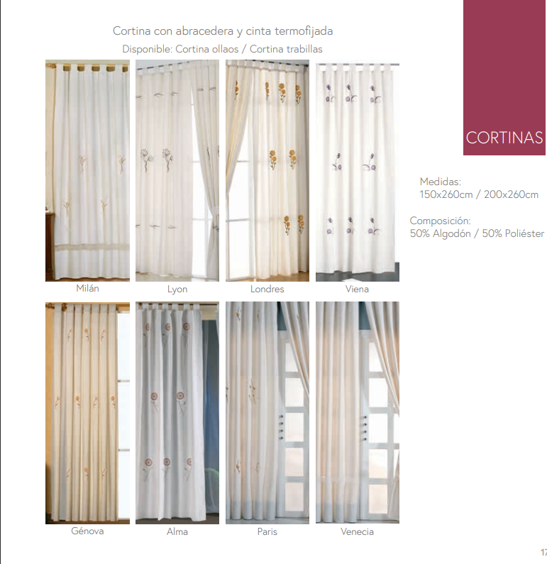 Cortinas de Loneta Bordadas Modelos: Milán, Lyon, Viena, Londres, Génova, Alma, Venecia, París.