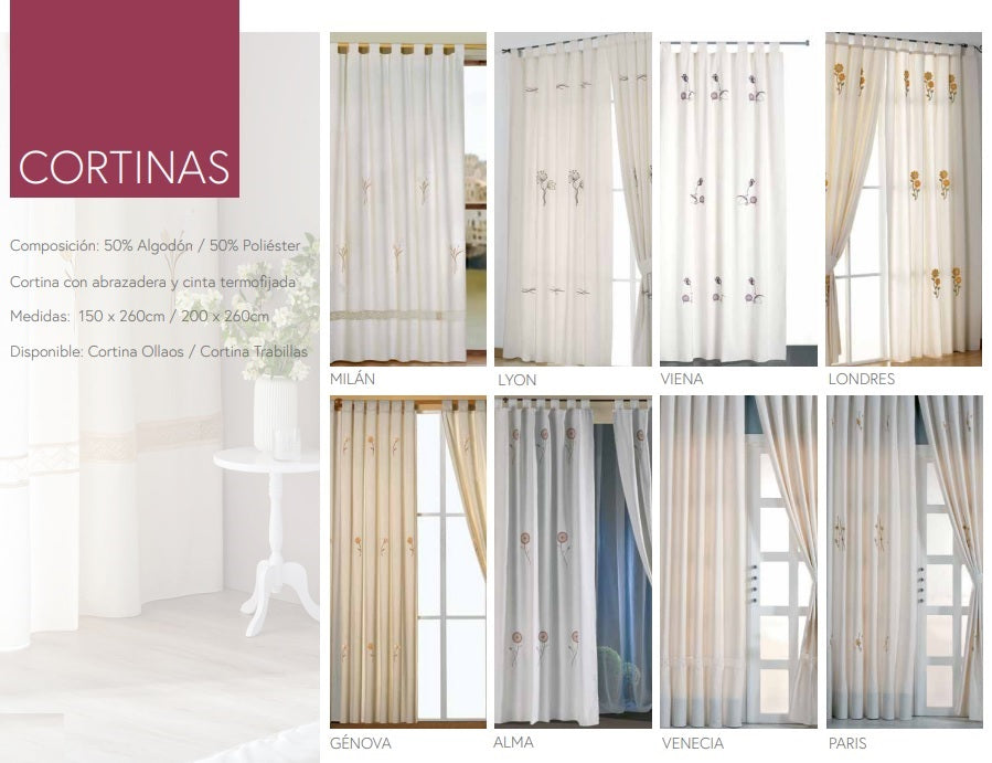 Cortinas de Loneta Bordadas Modelos: Milán, Lyon, Viena, Londres, Génova, Alma, Venecia, París.